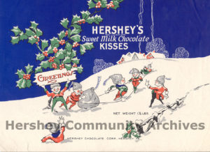 HERSHEY'S KISSES holiday packaging featuring elves and paper plumes, 1928