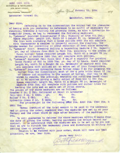 Milton Hershey ordered four pieces of equipment from the J.M. Lehmann Company’s New York office. January 11, 1894