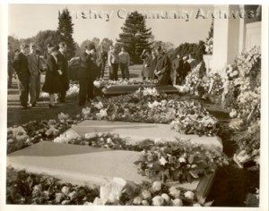 A mourner pays his respects at Milton Hershey's gravesite, October 16, 1945