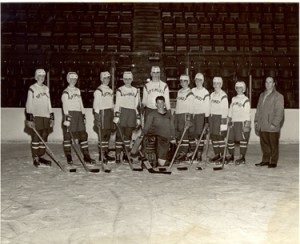 Junior hockey team sponsored by the Hershey Optimist Club. Coach Arnie Kullman is pictured on right. ca1960-1970