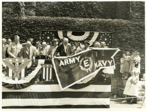 Army-Navy 'E' Award Ceremony; l-r: Sam Hinkle, Major-General EDmnd B. Gregory, Milton Hershey, J.J. Gallagher, William Murrie and Ezra Hershey. 8/27/1942