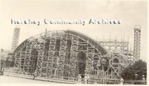 Building the scaffolding in preparation for pouring the Arena barrel roof shell, 1936