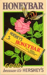 Hershey Chocolate used point of purchase placards to market its products in stores. 1933-1936