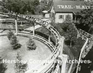 Bird's-eye view of Trailblazer roller coaster, ca. 1974-1985