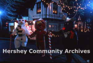 Costumed characters greet guests in Lower Rhineland area of Hersheypark's Christmas Candylane, ca. 1990-2000