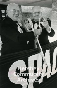 Hershey Estates president Jim Bobb and Hershey Trust Company president Arthur Whiteman cut the ribbon formally opening the Hershey Convention Center, March 25, 1974