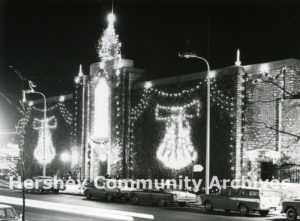 Each year Hershey Chocolate Corporation decorated its office building with lights for the holiday season, ca. 1963