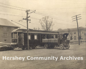 Hershey Transit Company trolleys delivering milk to the factory, ca. 1915