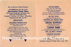 Hershey Theatre Premiere program, inside pages, September 1933
