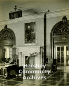 A portrait of the community's founder, Milton S. Hershey, hangs over the mantle in the Community Building's reception hall, ca. 1935-1940