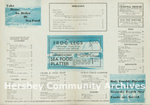 The Oyster Bar offered a wide selection of fresh seafood, including oysters, clams, lobster and brook trout. Oyster Bar menu (interior), ca. 1936-1948