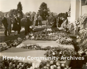 Mourners paid their respects at Milton Hershey’s gravesite, Hershey Cemetery, October 16, 1945