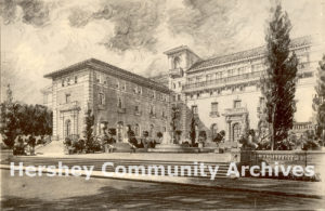 The proposed Community Building was designed by C. Emlen Urban, a noted Lancaster architect. He was responsible for all the public buildings in Hershey built 1903-1926. Community Building rendering, 1915