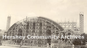 Building the scaffolding in preparation for pouring the Arena barrel roof shell, 1936