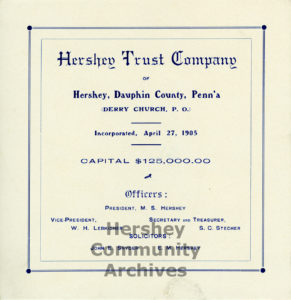 Hershey Trust Company pamphlet announcing its new location, September 30, 1905