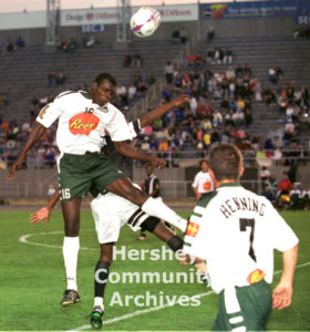 From 1997-2001 Hershey sponsored its own professional soccer team, the Hershey Wildcats. Defender Nigel Henry intercepts the ball.