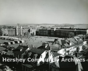 Hershey's public schools shared one campus. From left: Hershey Junior-Senior High School, Hershey Vocational School, M.S. Hershey Consolidated School, ca. 1950-1960