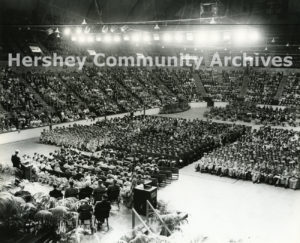 During the town's 50th anniversary, Derry Township Public School and Milton Hershey School held a joint high school graduation ceremony in the Hershey Arena, 1953