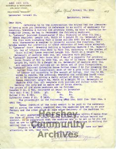 Milton Hershey ordered four pieces of equipment from the J.M. Lehmann Company’s New York office. Letter, January 11, 1894