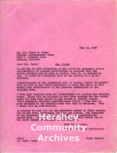 Letter from Sam Hinkle, chief chemist of the chocolate company, updating Lt. Col. Henry Barry on the Army's order of ration bars, June 16, 1937