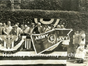 Army-Navy 'E' Award Ceremony; l-r: Sam Hinkle, Major-General EDmnd B. Gregory, Milton Hershey, J.J. Gallagher, William Murrie and Ezra Hershey, August, 27, 1942