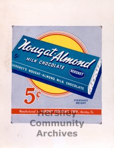 Point of purchase advertising placard for Hershey’s Nougat-Almond Milk Chocolate, ca. 1939-1941