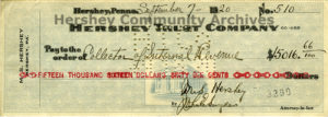 Check signed by John Snyder acting with Power of Attorney for Milton S. Hershey, September 7, 1920.