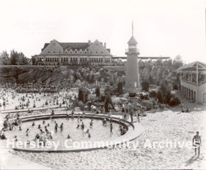 Hershey Park Swimming Pool; sand beach, kiddie pool and iconic lighthouse; 1930