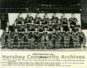 Hershey Bears ice hockey team, 1986-1959 season. Frank Mathers is pictured in the center of the first row.