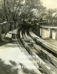 Wild Cat roller coaster, ride car approaching load/exit platform, ca. 1930-1945