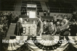 Hershey Industrial School students presented Milton Hershey with a floral tribute. September 13, 1938