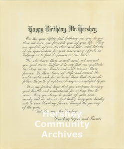 Employees presented Milton Hershey with a proclamation on the occasion of his 81st birthday in 1938.